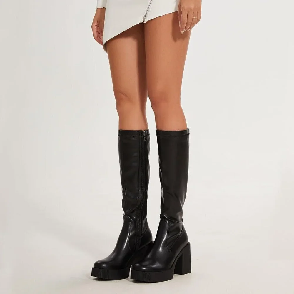 Platform Knee High Boots Chunky High Heel Black Gogo Boot Side Zipper